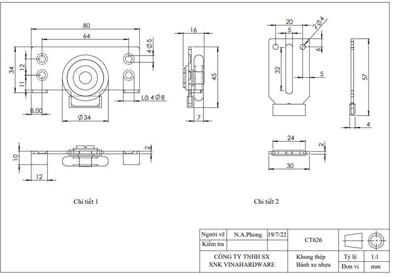 Bánh xe cửa lùa Vinahardware CT626-CT626