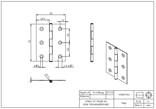 Bản lề lá sắt Vinahardware, xi trắng - VNH55701