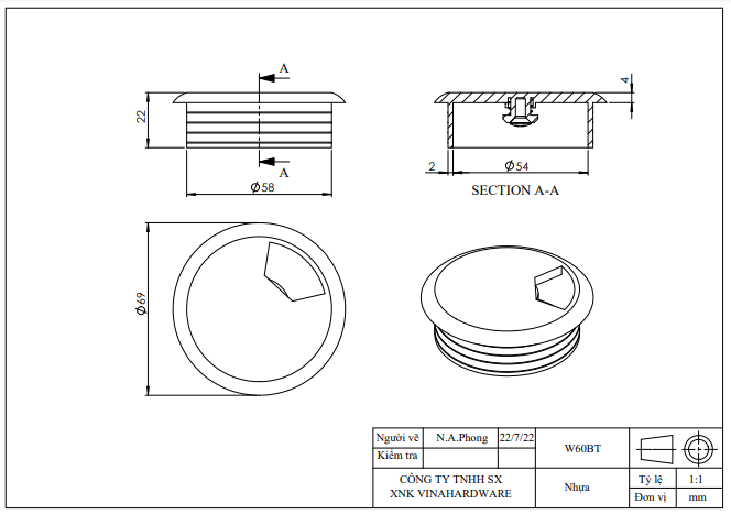 Nắp luồn dây điện nhựa, phi 60mm-W60BT