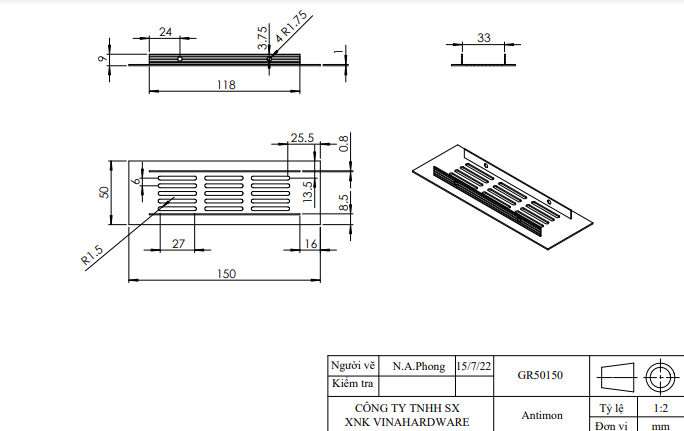 Lưới thông gió bằng nhôm Vinahardware - GR50150