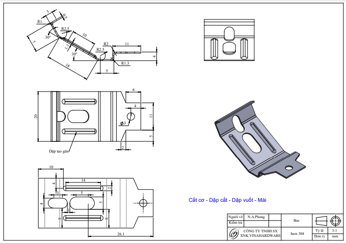 Pat (bas) móc 25x60x0.5mm, inox 304 - VNH256005
