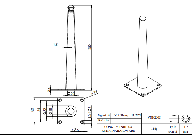 Chân côn ghế sofa Vinahardware, màu vàng gold - Nhiều kích thước - Loại thẳng - Loại Nghiêng VNH250S