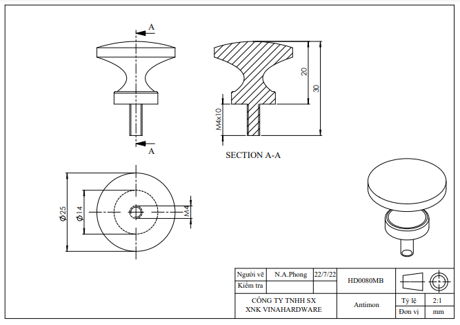 Tay nắm tròn màu giả cổ 25x20x15mm có bulon 10mm - HD0080MB