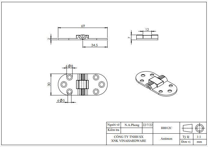 Bản lề lá bán nguyệt Vinahardware, màu giả cổ - H0012C - HDHI80