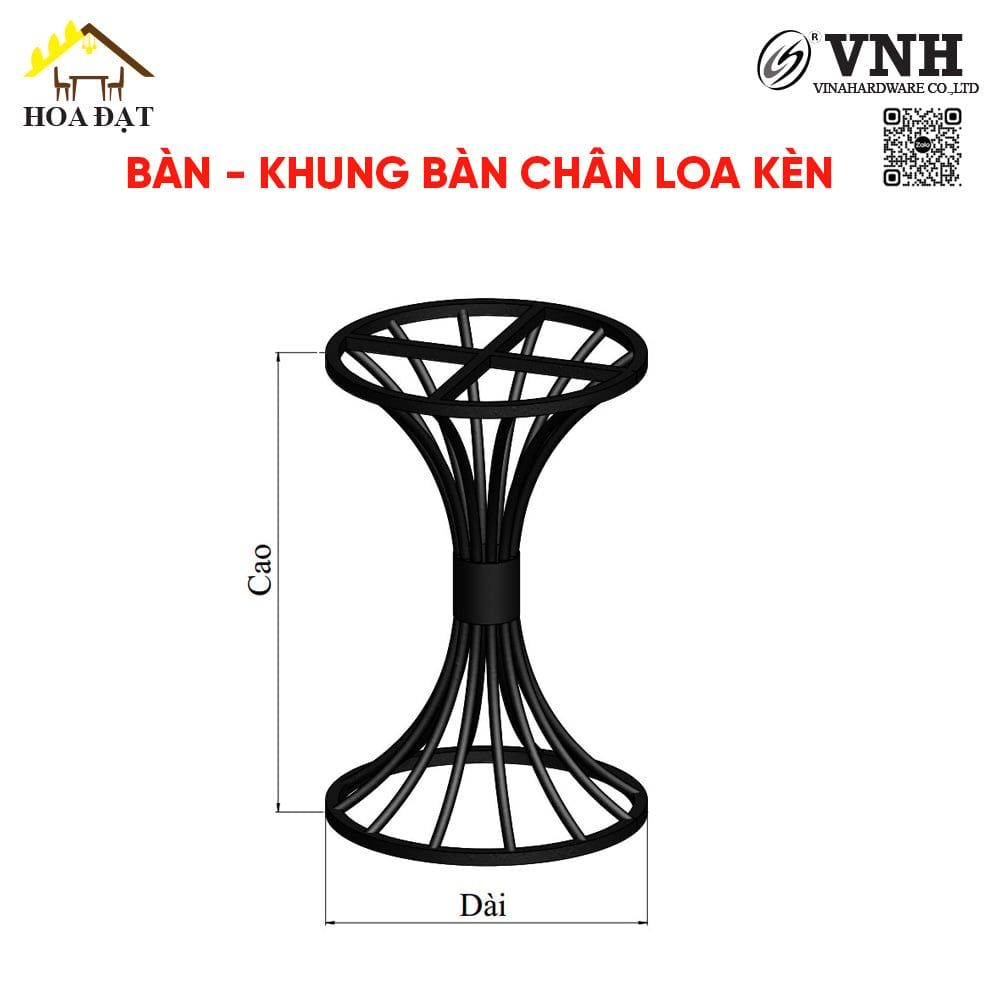 Khung bàn tròn Vinahardware kích thước 500x450mm, sơn đen tĩnh điện - Kiểu dáng loa kèn - VNH500450