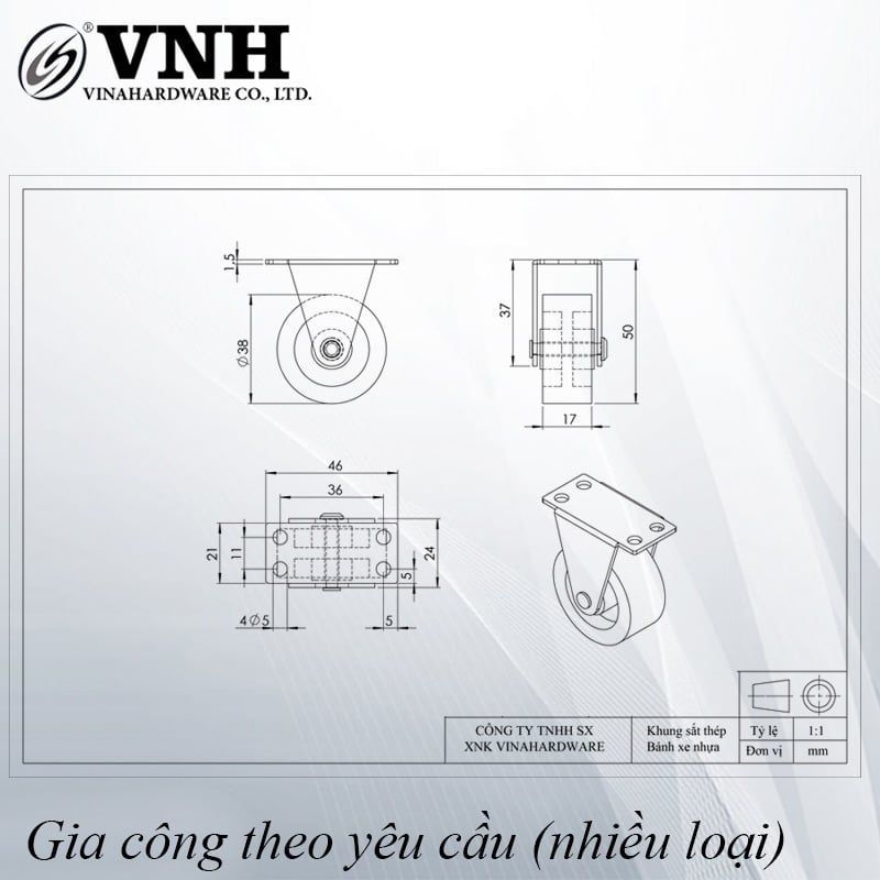 Bánh xe tủ một chiều Vinahardware đường kính 40mm màu vàng CT0966D40-CT0966D40