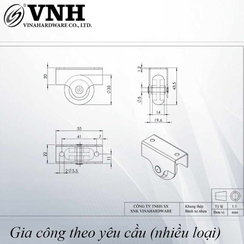 Bánh xe cửa tủ Vinahardware phi 35 CT2014
