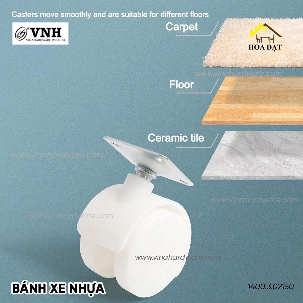 Bánh xe nhựa, loại đế vuông, có khóa, màu trắng Vinahardware - CT8246CK
