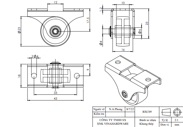 Bánh xe 1 chiều Vinahardware đường kính 23mm cao 28mm VNH BXC09-BXC09