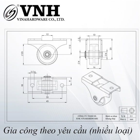 Bánh xe 1 chiều Vinahardware đường kính 23mm cao 28mm VNH BXC09-BXC09