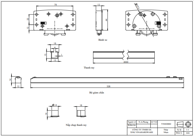 Phụ kiện cho ray lùa giảm chấn ray âm VNH - VNH20003