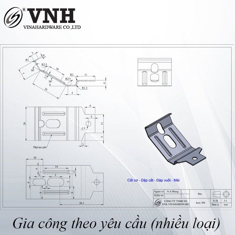 Pat (bas) móc 25x60x0.5mm, inox 304 - VNH256005
