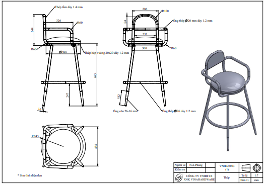 Khung ghế quầy bar Vinahardware, sơn đen tĩnh điện - VNH0230032