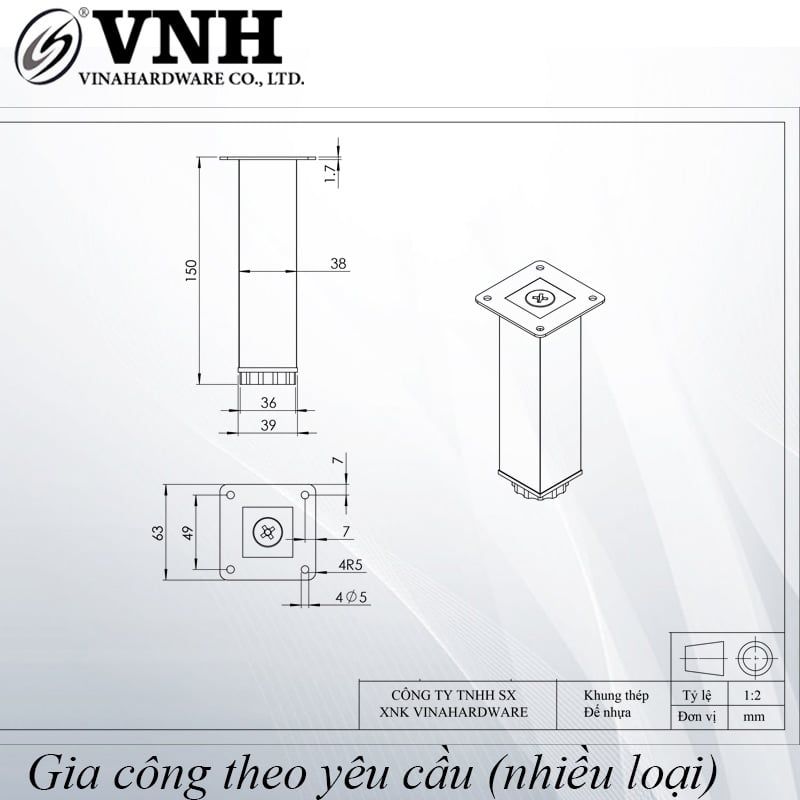 Chân ghế salon Vinahardware vuông 38x38mm, đế bằng-TA8332D150