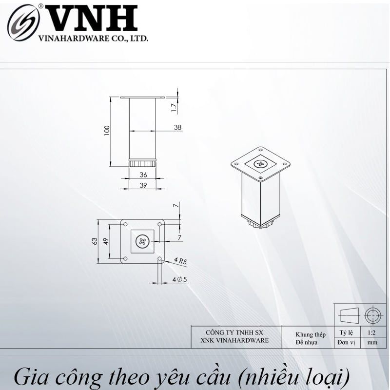 Chân ghế salon Vinahardware vuông 38x38mm, đế bằng-TA8332D150