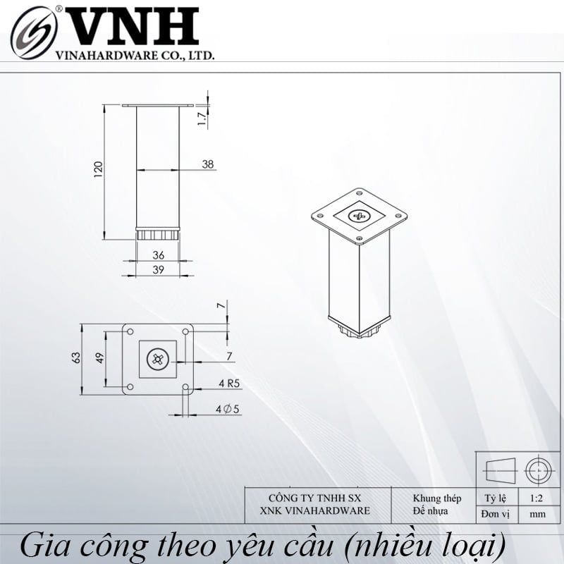 Chân ghế salon Vinahardware vuông 38x38mm, đế bằng-TA8332D150