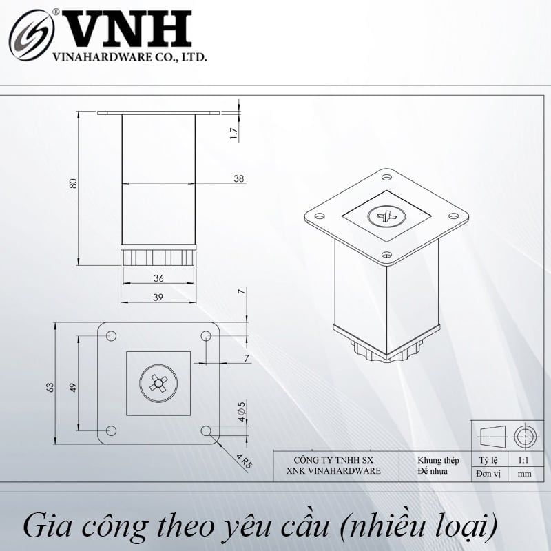 Chân ghế salon Vinahardware vuông 38x38mm, đế bằng-TA8332D150