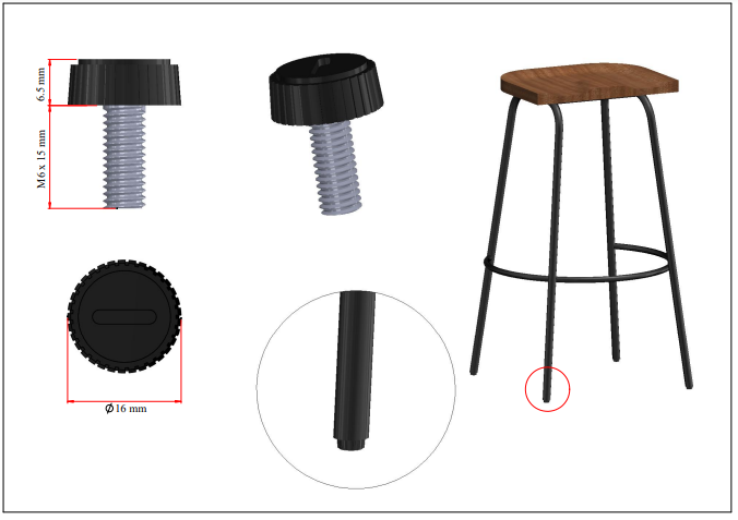 Chỉnh chân bàn 1 vạch Vinahardware kích thước 6*15mm đế tròn 6*17mm TA615TP23