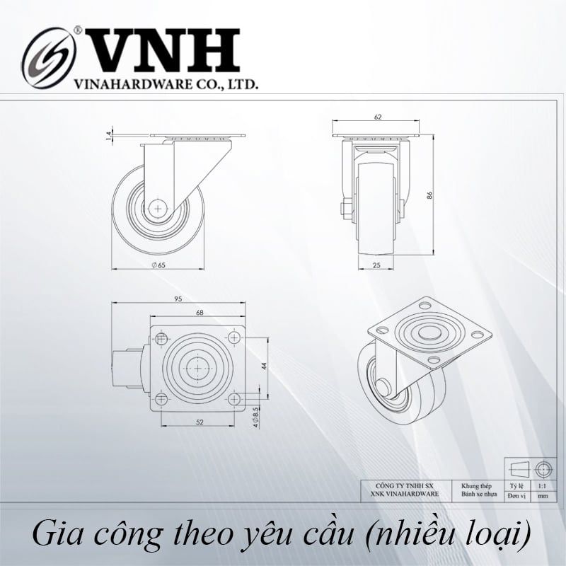 Bánh xe tủ Vinahardware phi 65x25, không khóa, CT06525KK-CT06525KK