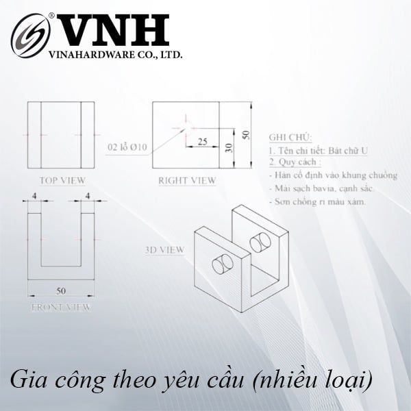 Pat (bas) chữ U Vinahardware loại 50x50x4mm, sơn đen mờ - VNH50504B