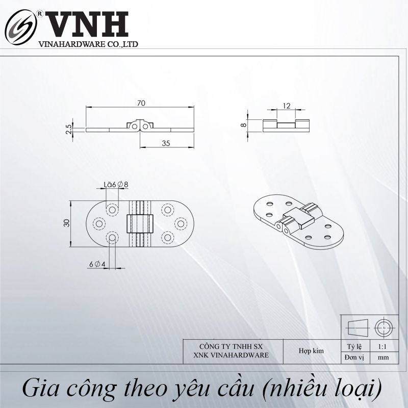 Bản lề bán nguyệt crom xước Vinahardware kt30x70- H0012Z-H0012Z