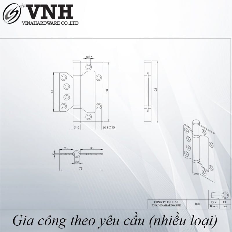Bản lề lá một chiều Vinahardware loại 100x48mm, inox 201-H0177