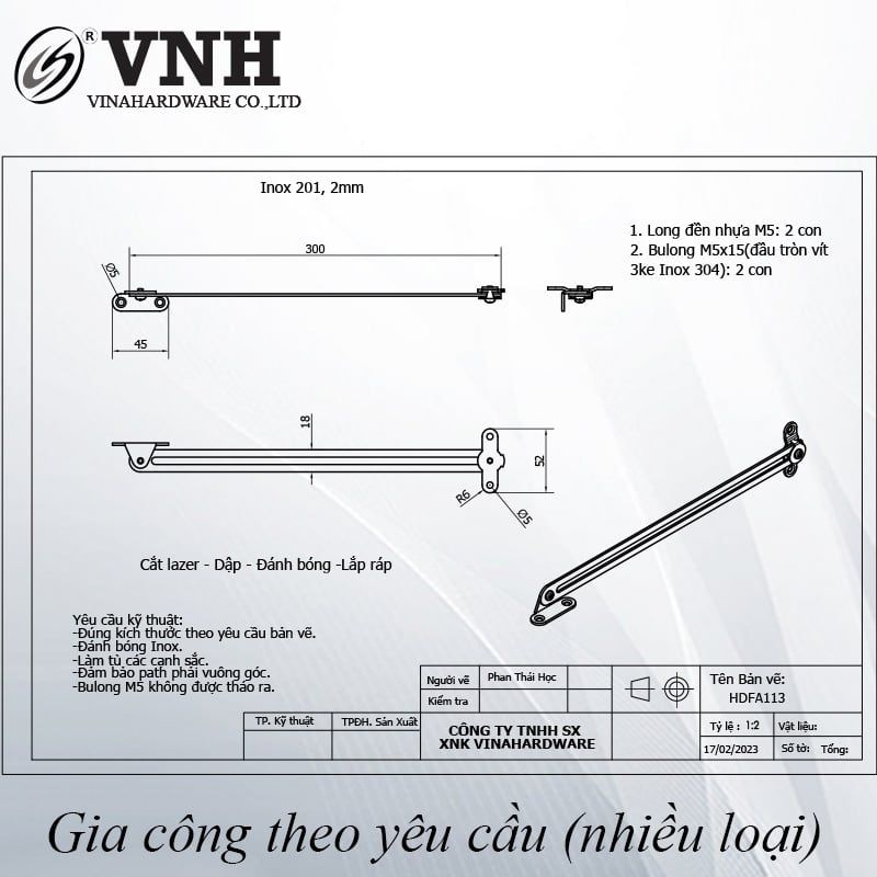 Tay nâng cánh tủ inox Vinahardware, 2x300mm, VNH LD9389-LD9389