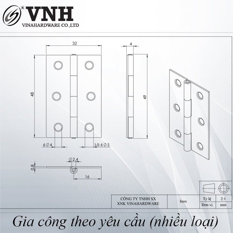 Bản lề lá Vinahardware inox 201 - HHL100