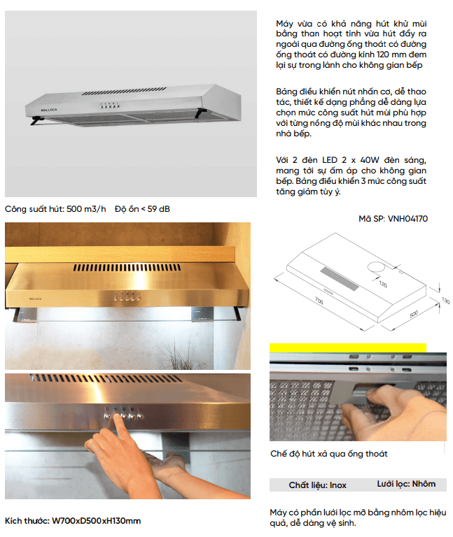 Máy tạo hút mùi Vinahardware, mặt inox, lưới lọc nhôm 5 lớp, khử mùi than hoạt tính - VNH04170