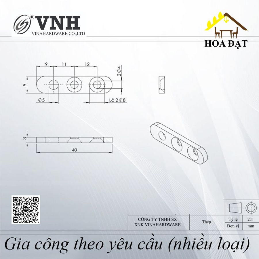 Pat (Bas) 3 lỗ P0940 xi nikel (40x9x3.5)mm, oval 2 đầu VNH - P0940 - HDBF133