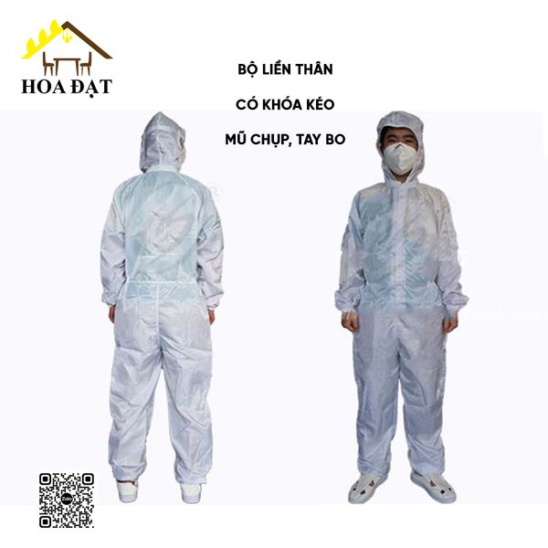 Quần áo phòng sạch vải poly tĩnh điện (trắng + xanh)