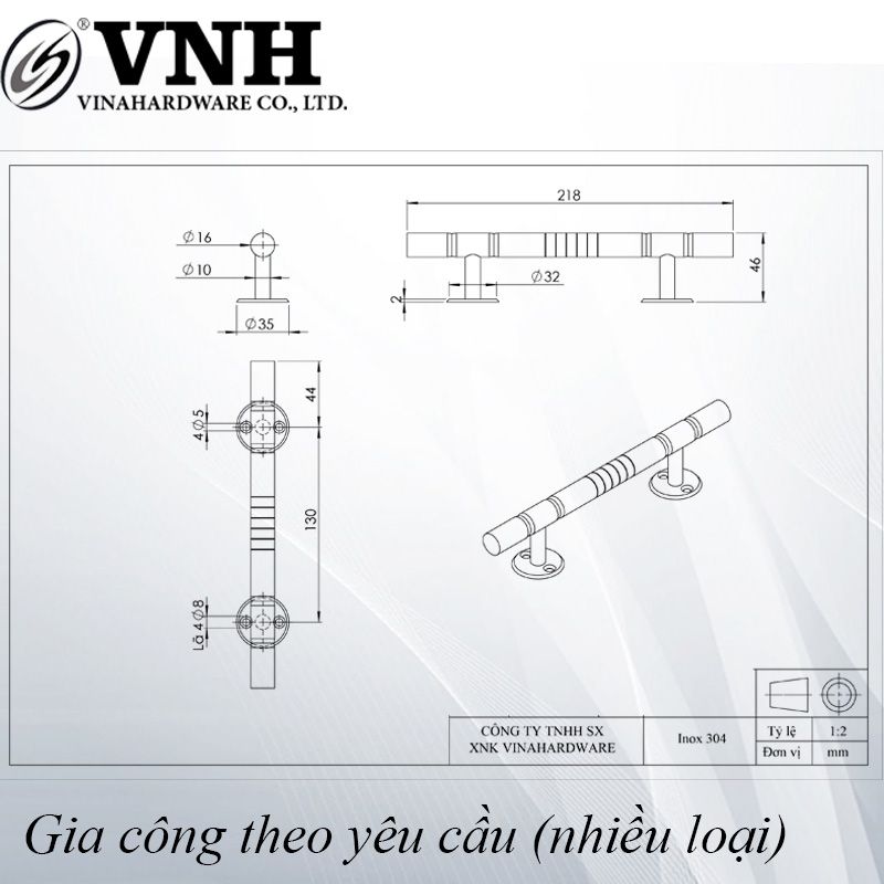 Tay nắm cửa inox Vinahardware phi 16 dài 220mm kiểu Nosovom SUS-304 HD0322