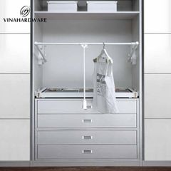 Kệ mắc quần áo có tay kéo di động Vinahardware Inox sâu 150mm, cao 800mm, lọt lòng 764-1064mm