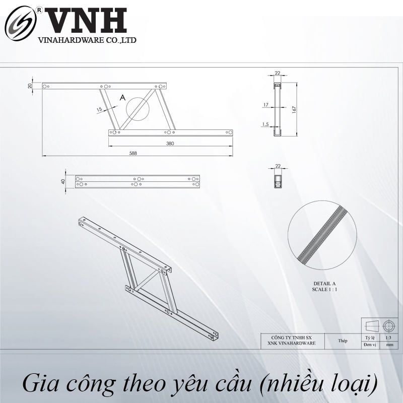 Phụ kiện tay nâng mặt bàn Vinahardware loại 380mm VNH TL9385-TL9385