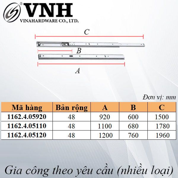 Ray trượt bàn trượt bên Vinahardware, bản 48mm, có khóa, không khóa VNH