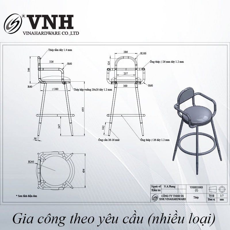 Bộ khung bàn ghế quầy bar Vinahardware, sơn đen tĩnh điện - VNH023003