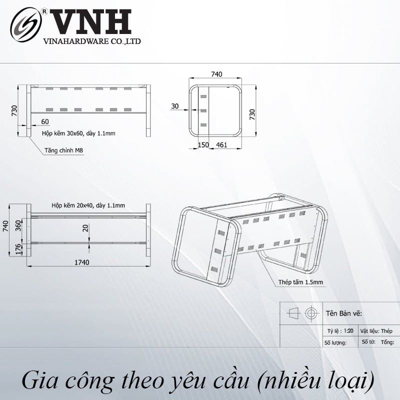 Khung bàn sắt Vinahardware, sơn đen - VNH1808750 - 1800x800x750