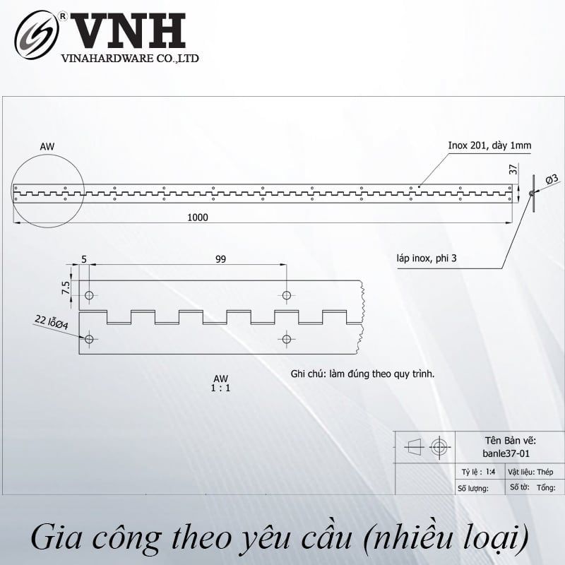 Bản lề lá piano Vinahardware bản 37mm, inox 201-VNH37250