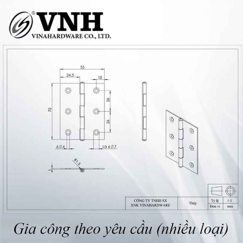 Bản lề lá sắt Vinahardware, xi trắng - VNH55701