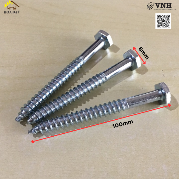 Vít phong M8 đầu lục giác ngoài Vinahardware, xi crom 3+ -ZP8100CR