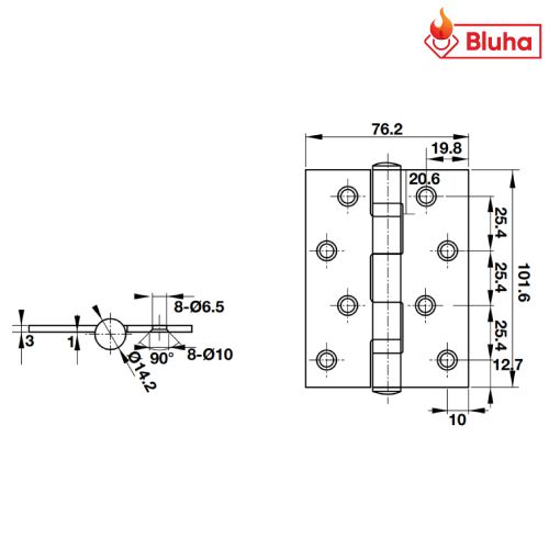 Bản lề lá Hafele 102x76x3mm 2 vòng bi  926.35.703