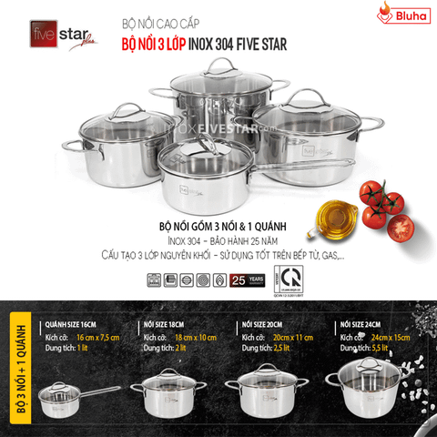 Bộ nồi Fivestar 3 lớp inox 304 nắp kính