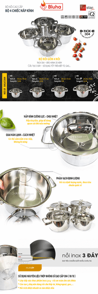 Bộ nồi Fivestar 4 món nắp kính