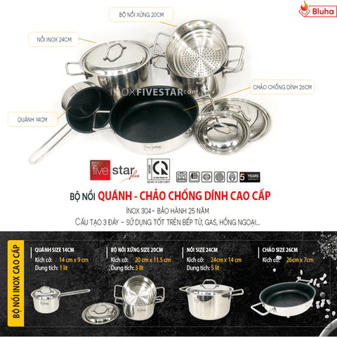 Bộ nồi Fivestar xửng hấp quánh chảo chống dính