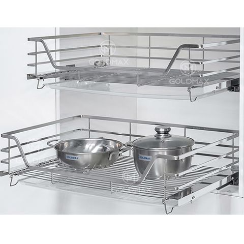 Giá xoong nồi bát đĩa Goldmax nan dẹt inox SUS304, ray giảm chấn