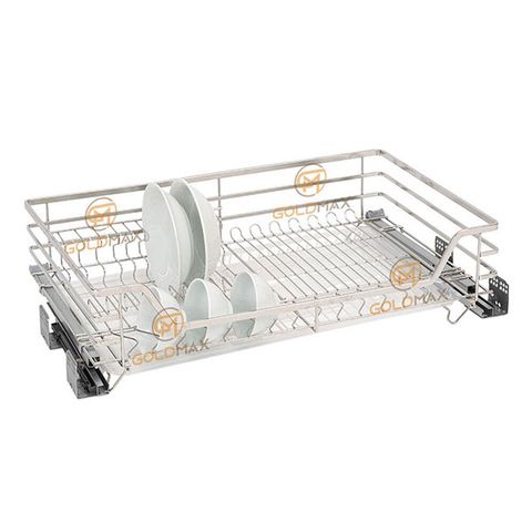 Giá xoong nồi bát đĩa Goldmax nan dẹt inox SUS304, ray giảm chấn