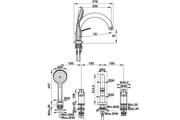 Bộ trộn bồn tắm Hafele 589.02.607 4 lỗ NEW MYSTERIOUS