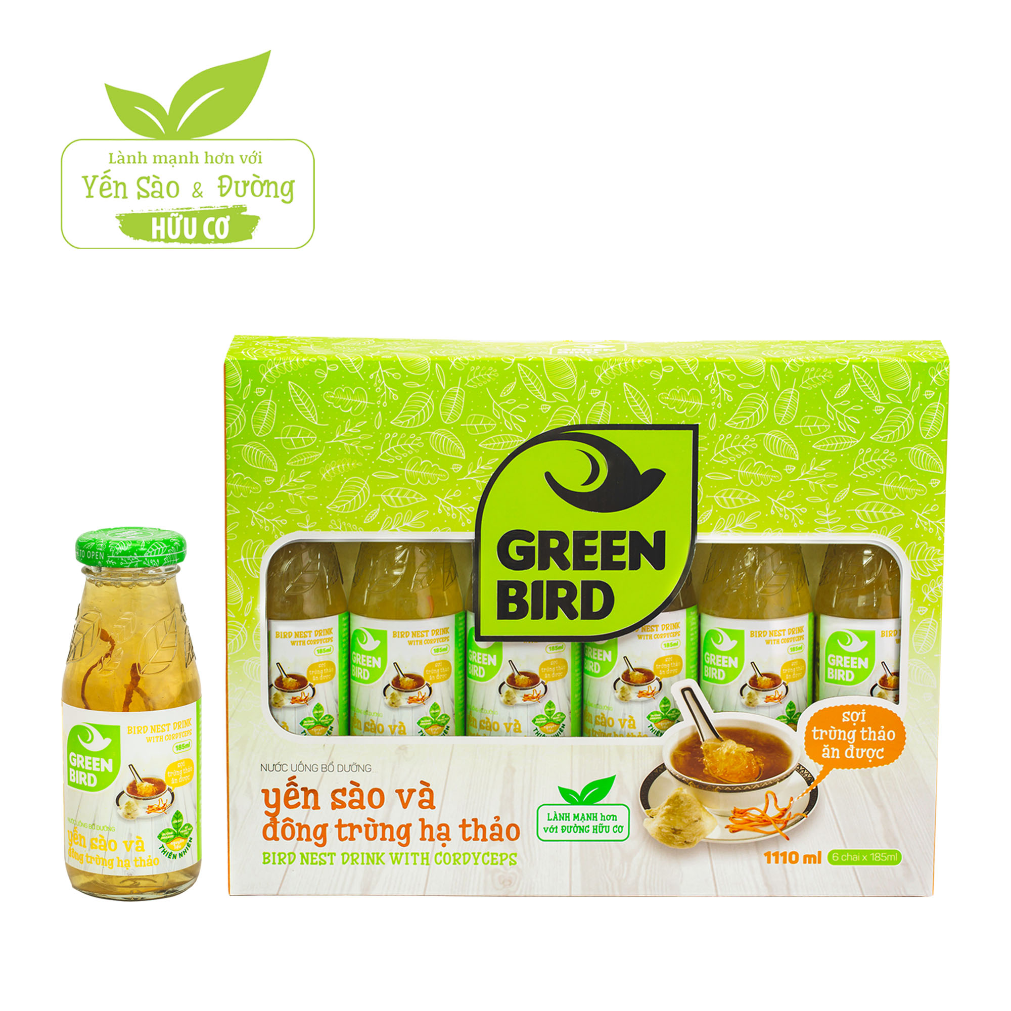  Hộp quà Green bird - Nước Uống Bổ Dưỡng Yến Sào và Đông Trùng Hạ Thảo 185ml - (6 chai*185ml) 