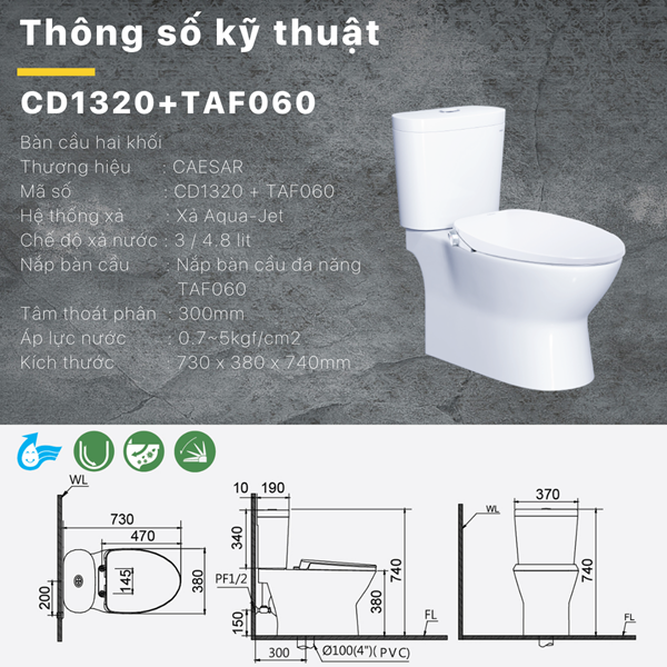 Bàn cầu thông minh Caesar CD1320 + TAF060