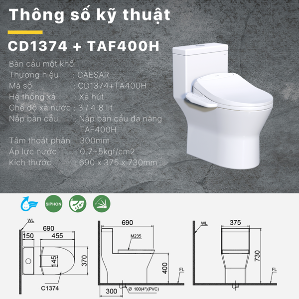 Bàn cầu thông minh Caesar CD1374 + TAF400H
